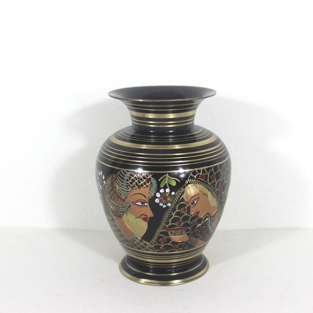 Vintage Blackened Painted and Etched Brass Vase, Indian Wedding Couple